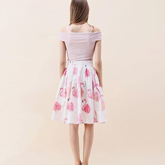Chicwish White Pink Flamingo Knee Length Print Pleated A-line Midi Skirt Medium - Picture 3 of 16